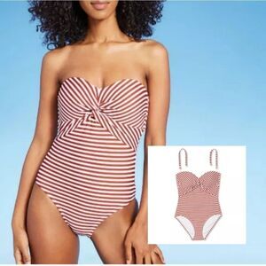 Kona Sol Twist Bandeau Striped One Piece Swimsuit Medium NWT Summer